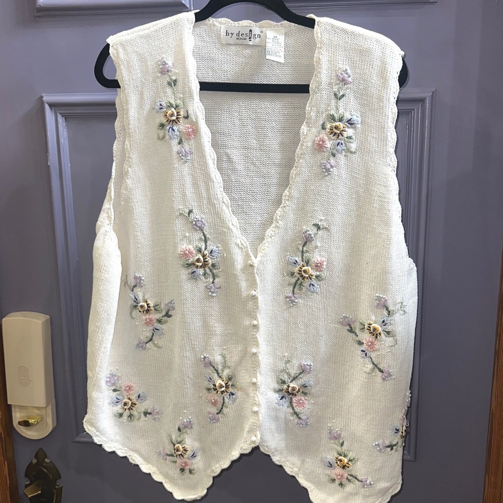 Vintage Floral Embroidered Pearl Button Knit Vest Cream Cottage Boho Grandma 3X